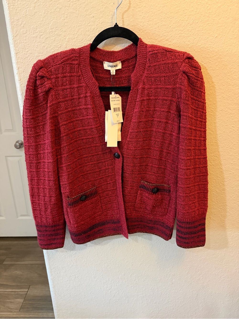 L'AGENCE Burgundy Textured Knit Button-Front Cardigan